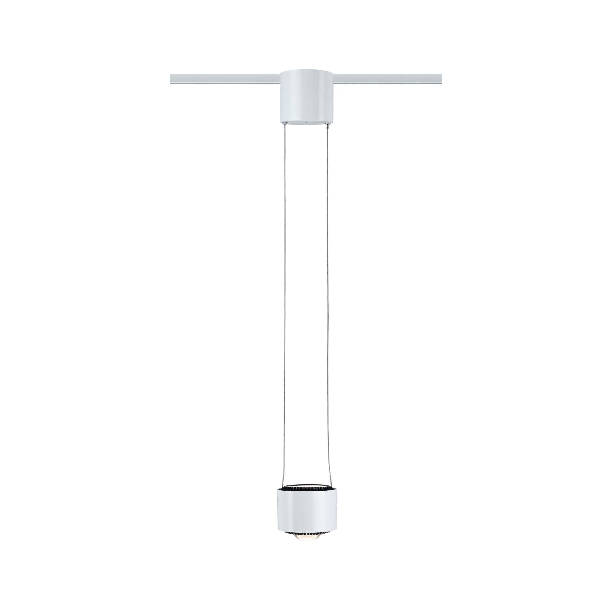 Moderne weiße Pendelleuchte aus Metall mit schwarzem Lüftergitter und LED-Lichtquelle