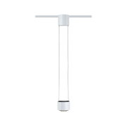 Moderne weiße Pendelleuchte aus Metall mit schwarzem Lüftergitter und LED-Lichtquelle