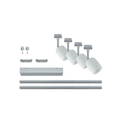 Quatre spots LED blancs avec supports argentés et accessoires pour système d'éclairage sur rail