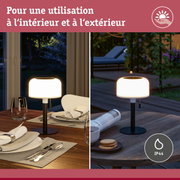 Lampe de table moderne avec verre blanc et pied noir, utilisable en intérieur et extérieur avec protection IP44