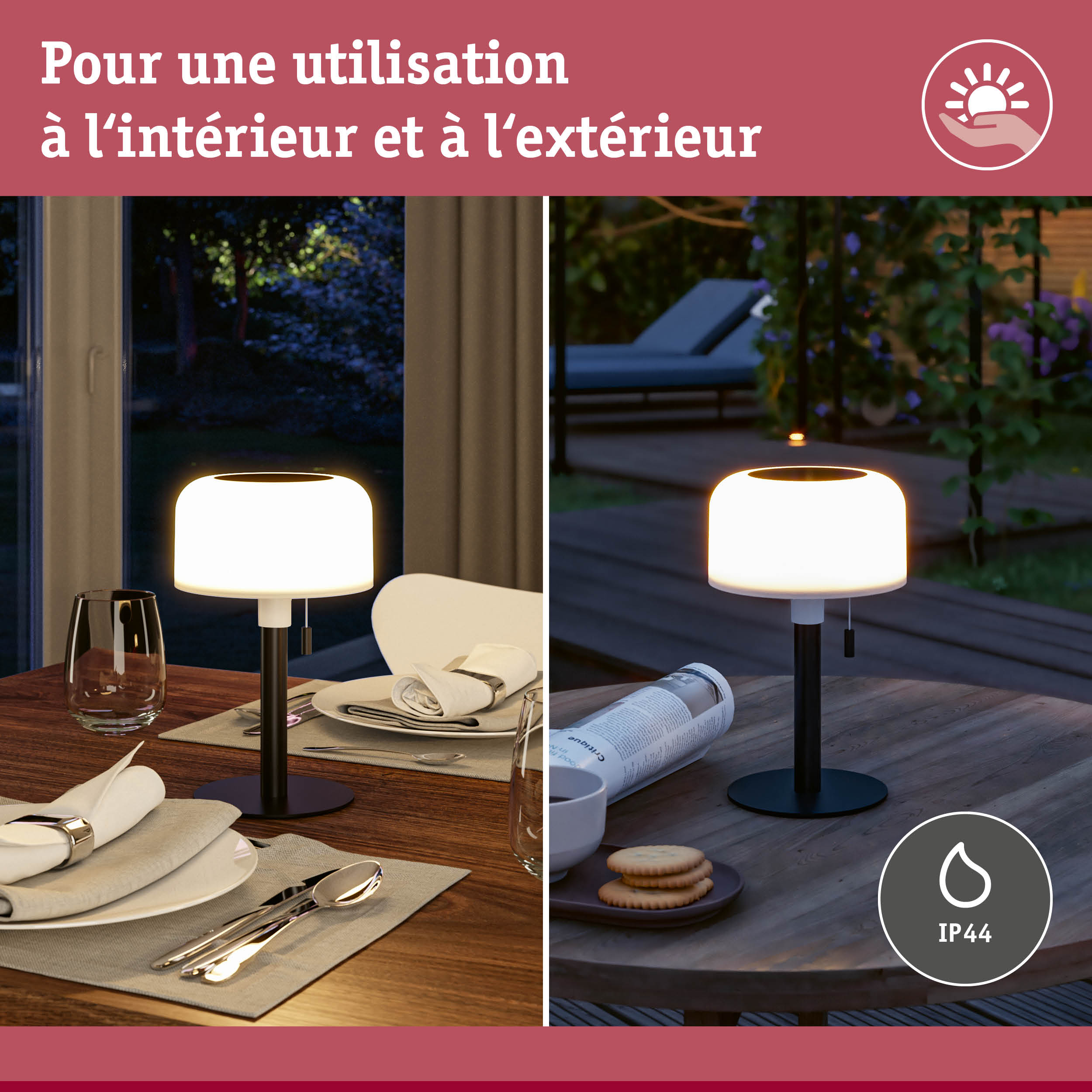 Lampe de table moderne avec verre blanc et pied noir, utilisable en intérieur et extérieur avec protection IP44