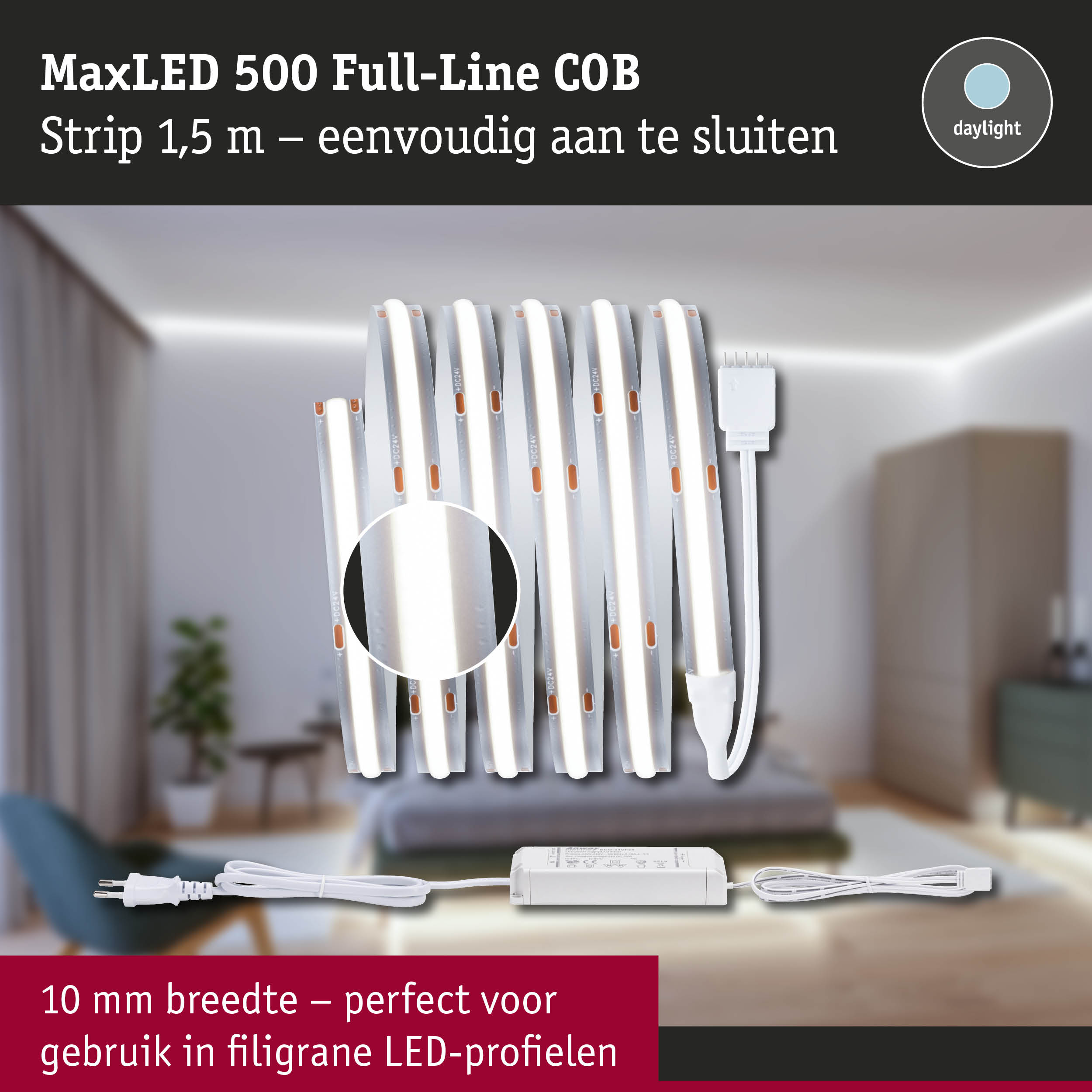 MaxLED 500 Full-Line COB LED-strip 1,5 m wit met voeding voor fijne LED-profielen