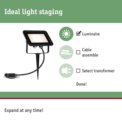 Black LED outdoor spotlight with ground spike and cable for garden lighting, ideal for light staging