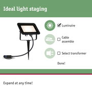 Black outdoor LED floodlight with ground spike and cable for garden lighting and light staging