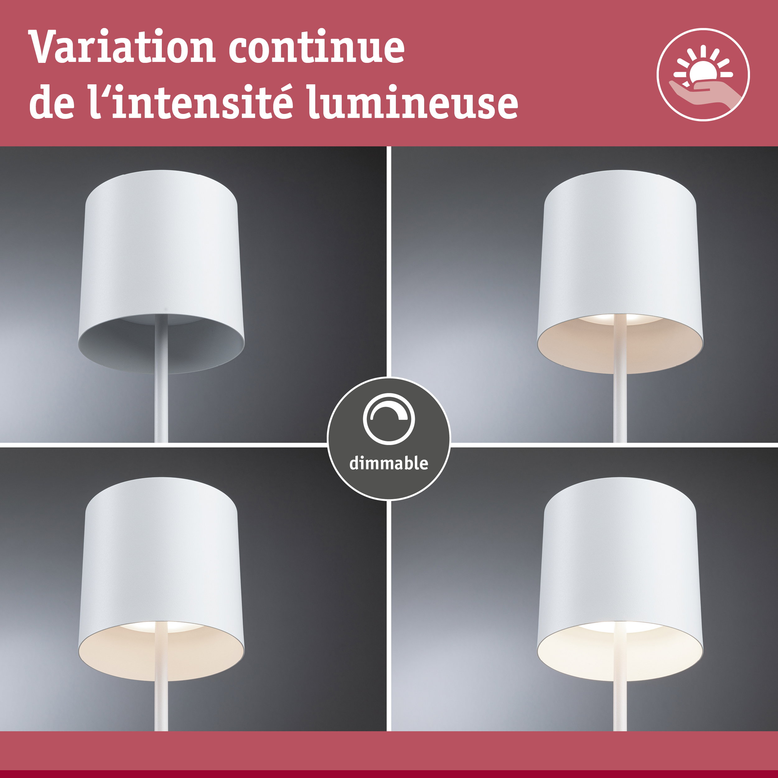 Lampadaire blanc dimmable avec abat-jour cylindrique montrant différents niveaux de luminosité