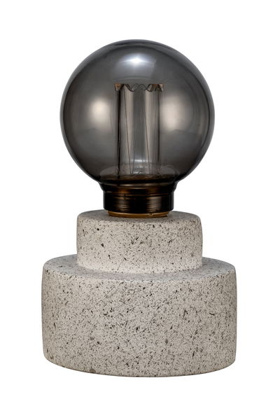 Moderne Tischlampe mit grauem Steinsockel und rauchfarbener Glühbirne für stilvolle Beleuchtung