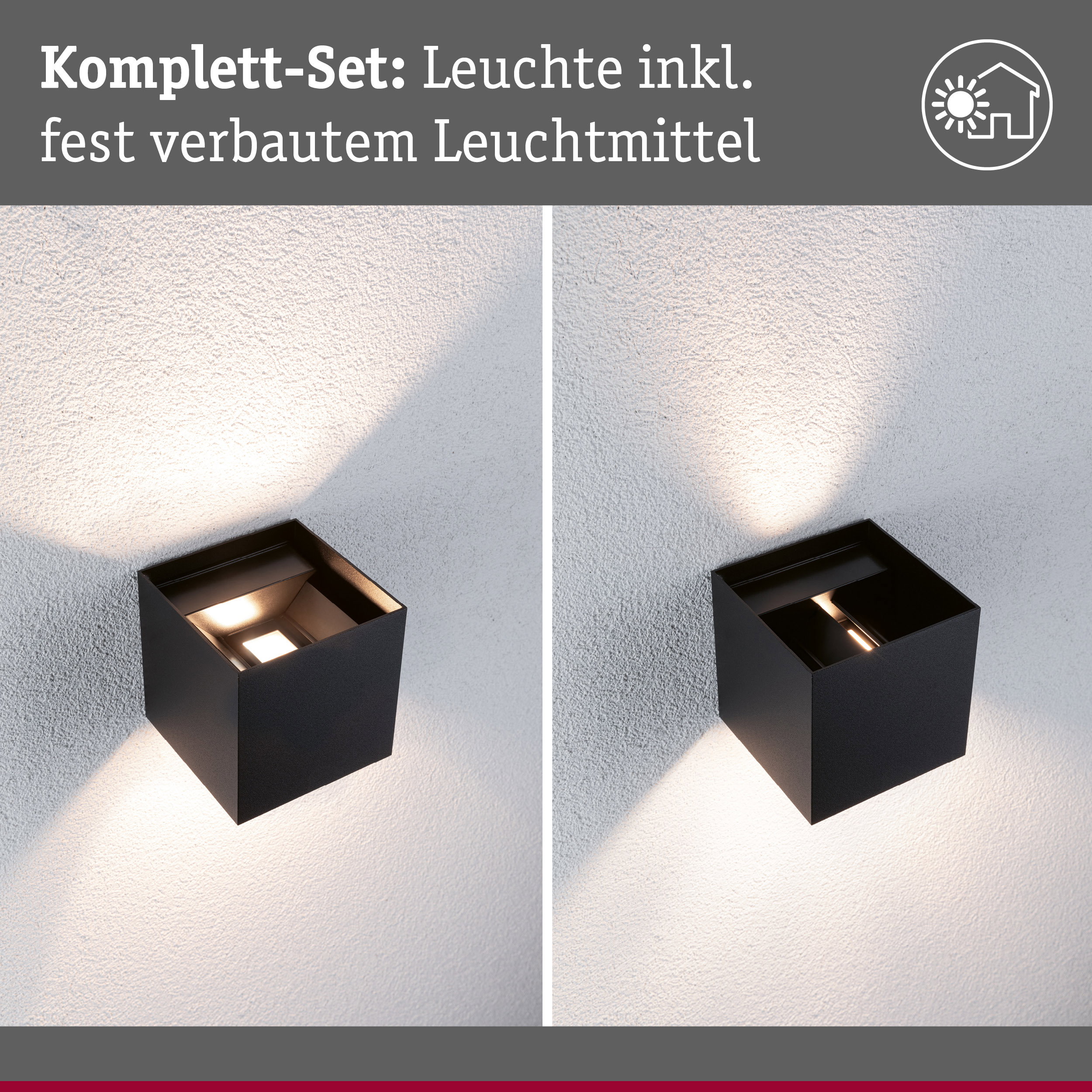 Schwarze Außenwandleuchte mit integriertem Leuchtmittel, Lichtstrahl nach oben und unten an weißer Wand