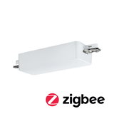 White plastic housing with metal connectors for Zigbee smart home control device