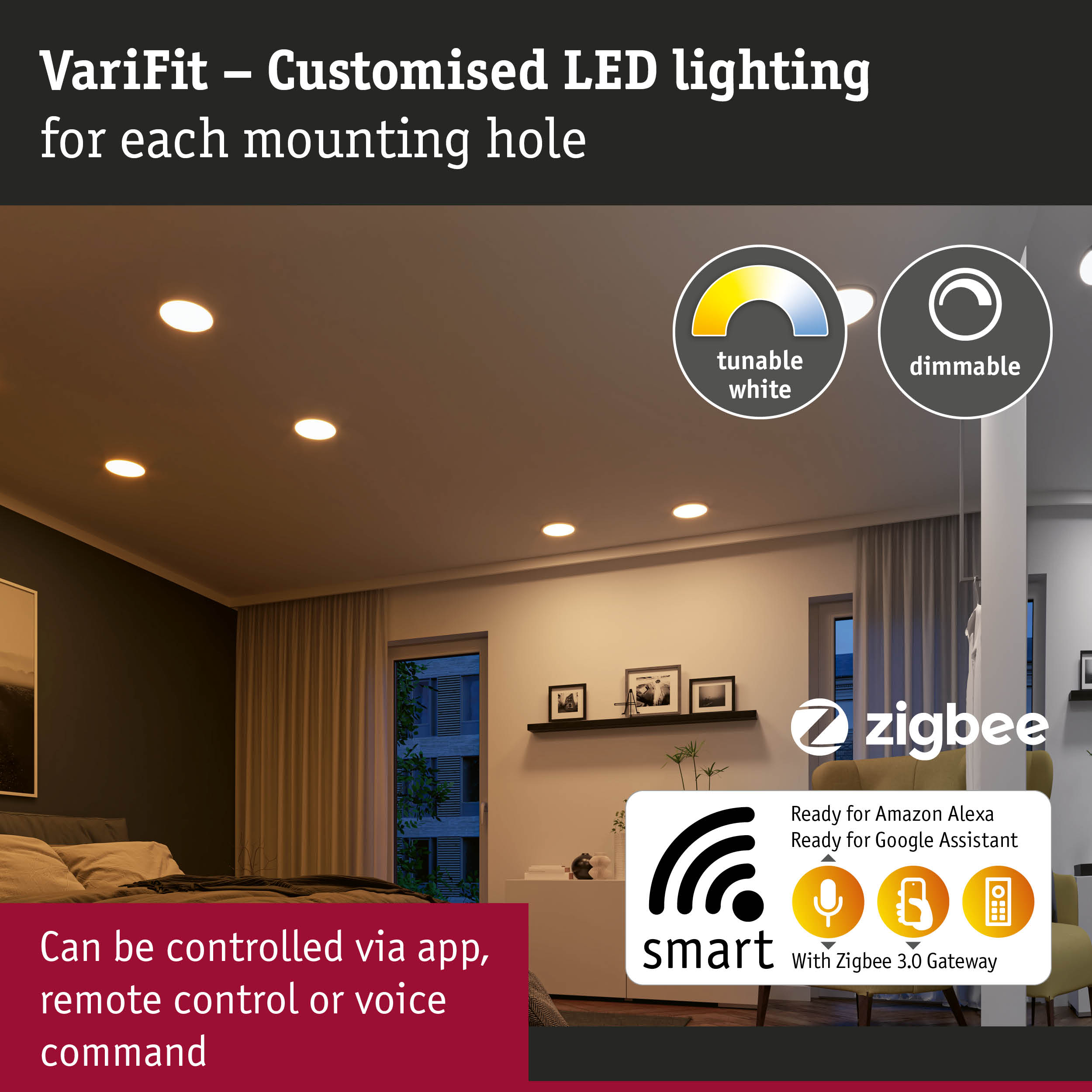 VariFit dimmable LED recessed lights with tunable white in modern living room featuring smart home control