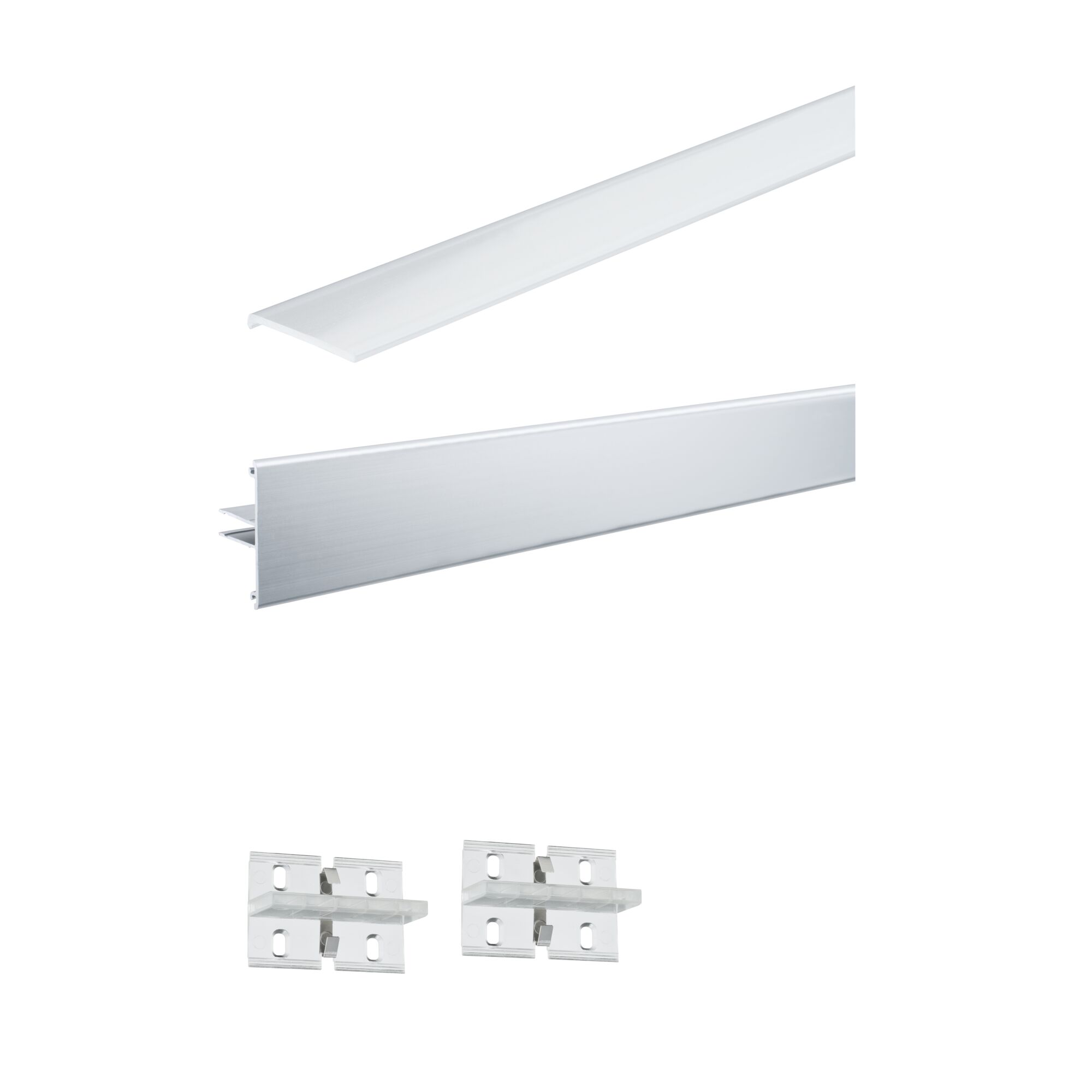 Profilé de strip LED Duo 1m Alu anodisé Profil LED en aluminium argenté avec cache blanc et deux clips de montage transparents pour bande LED.
