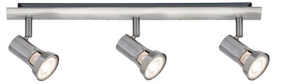 Dreiflammiger LED-Deckenstrahler aus gebürstetem Edelstahl für moderne Innenbeleuchtung.