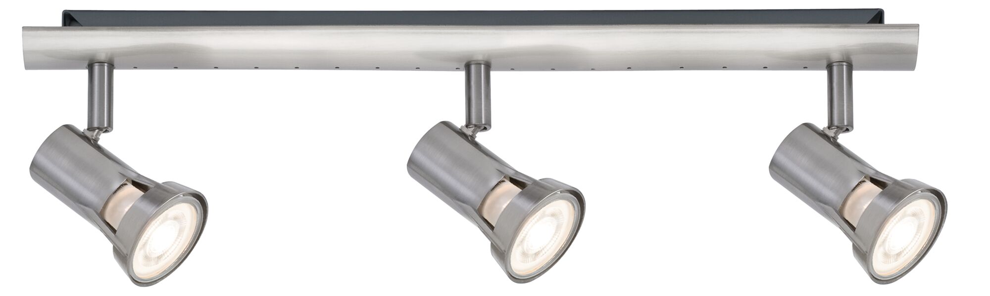Dreiflammiger LED-Deckenstrahler aus gebürstetem Edelstahl für moderne Innenbeleuchtung.