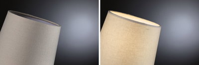 Beige Stofflampenschirm in Nahaufnahme, links aus, rechts mit warmem Licht beleuchtet, Wohnraumbeleuchtung