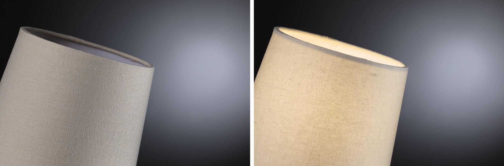 Close-up of beige fabric lampshade, left unlit and right glowing warmly, home lighting accessory