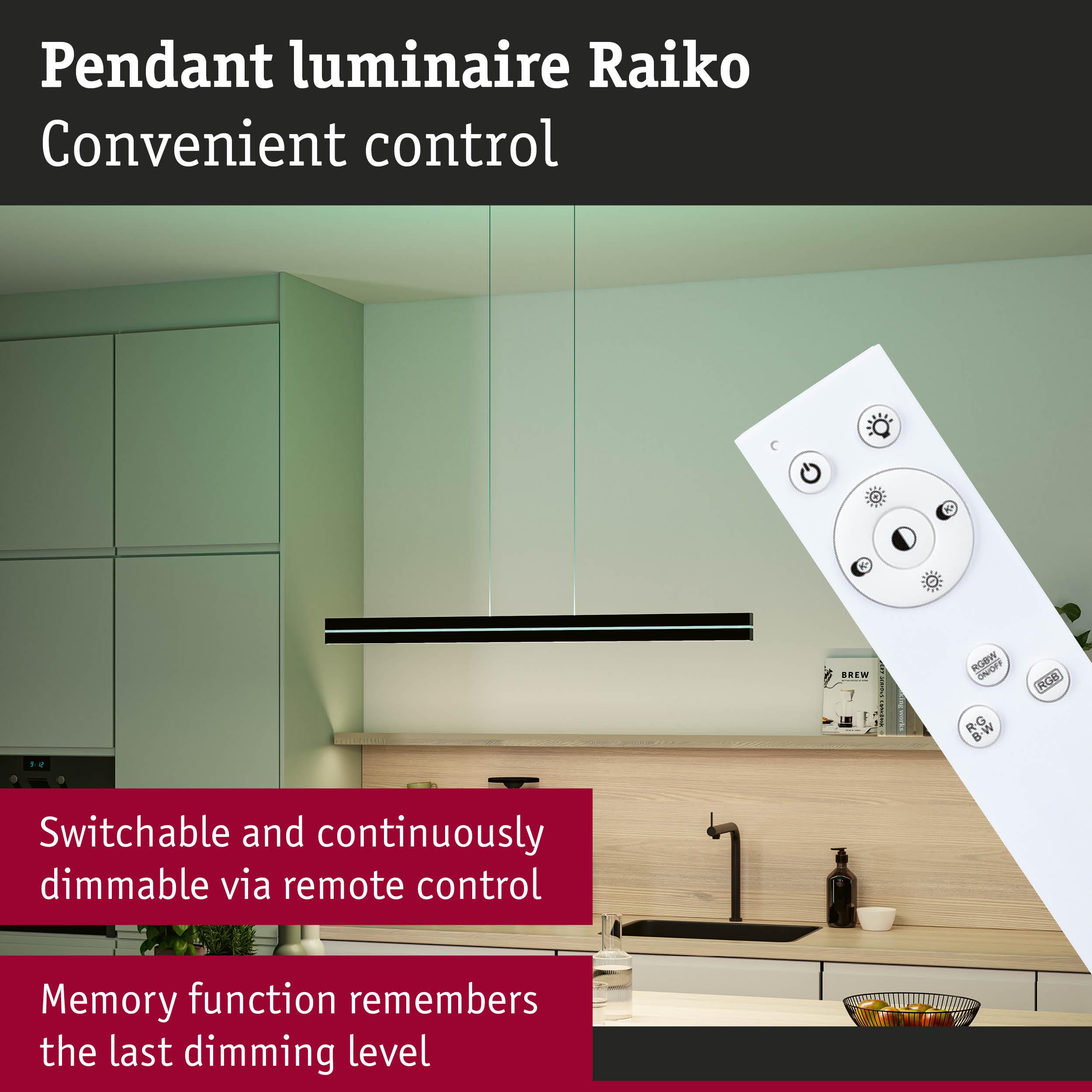Black Raiko pendant luminaire in metal with remote control for dimmable kitchen lighting