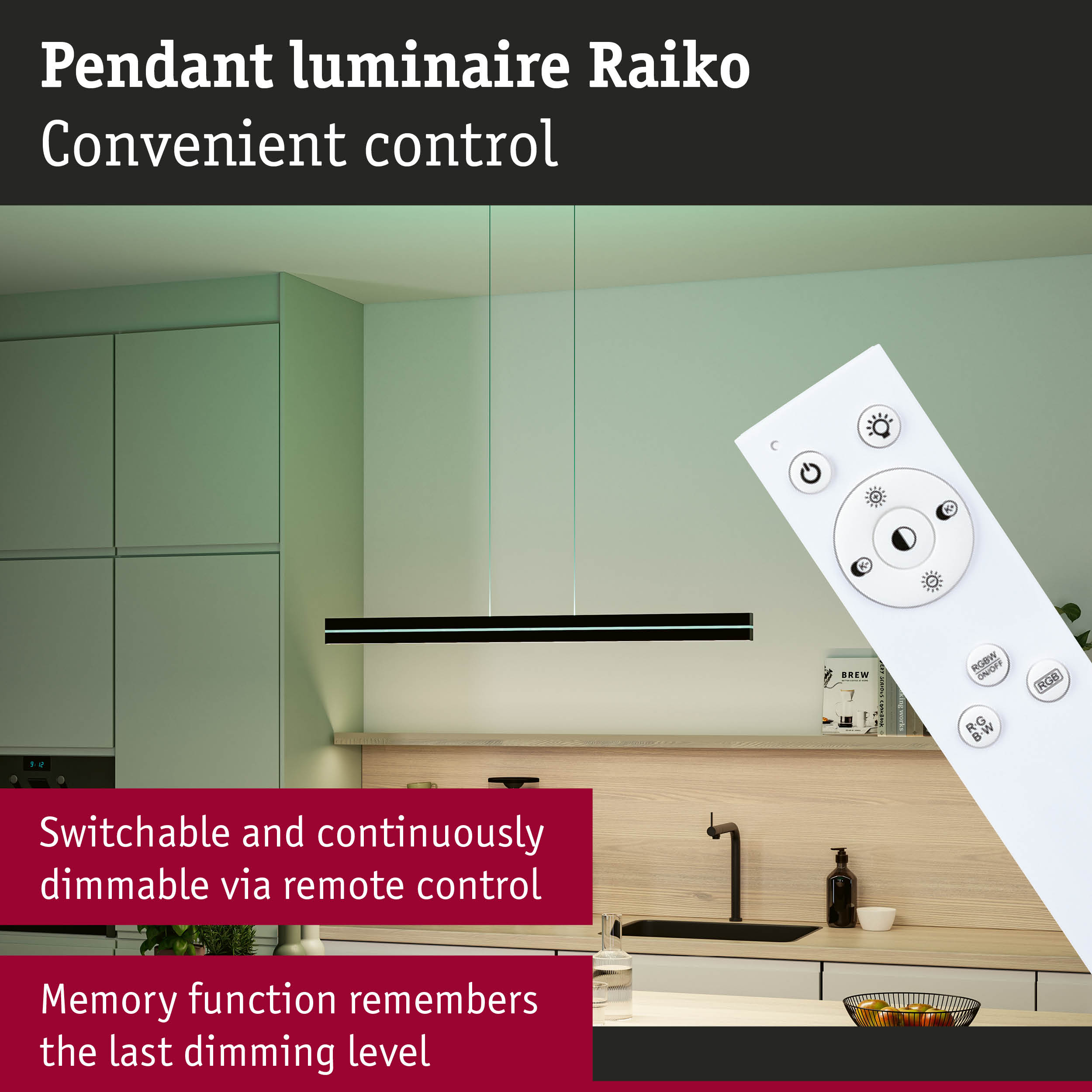 Black Raiko pendant luminaire with remote control in modern kitchen with wooden countertop