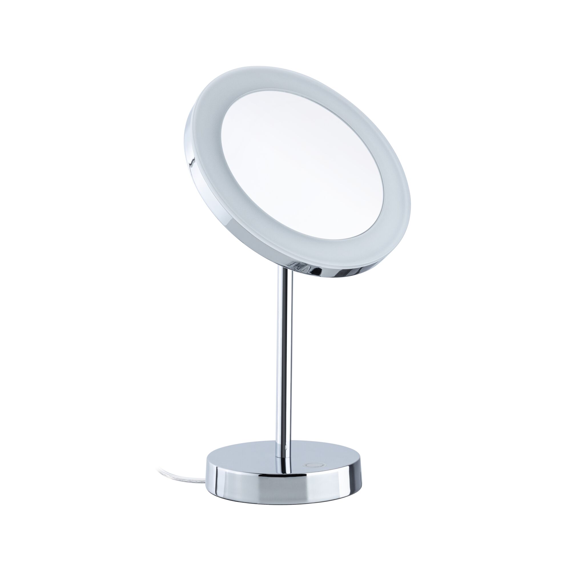 Runder Kosmetikspiegel mit LED-Ring und Chromfuß, beleuchteter Schminkspiegel für präzises Make-up.