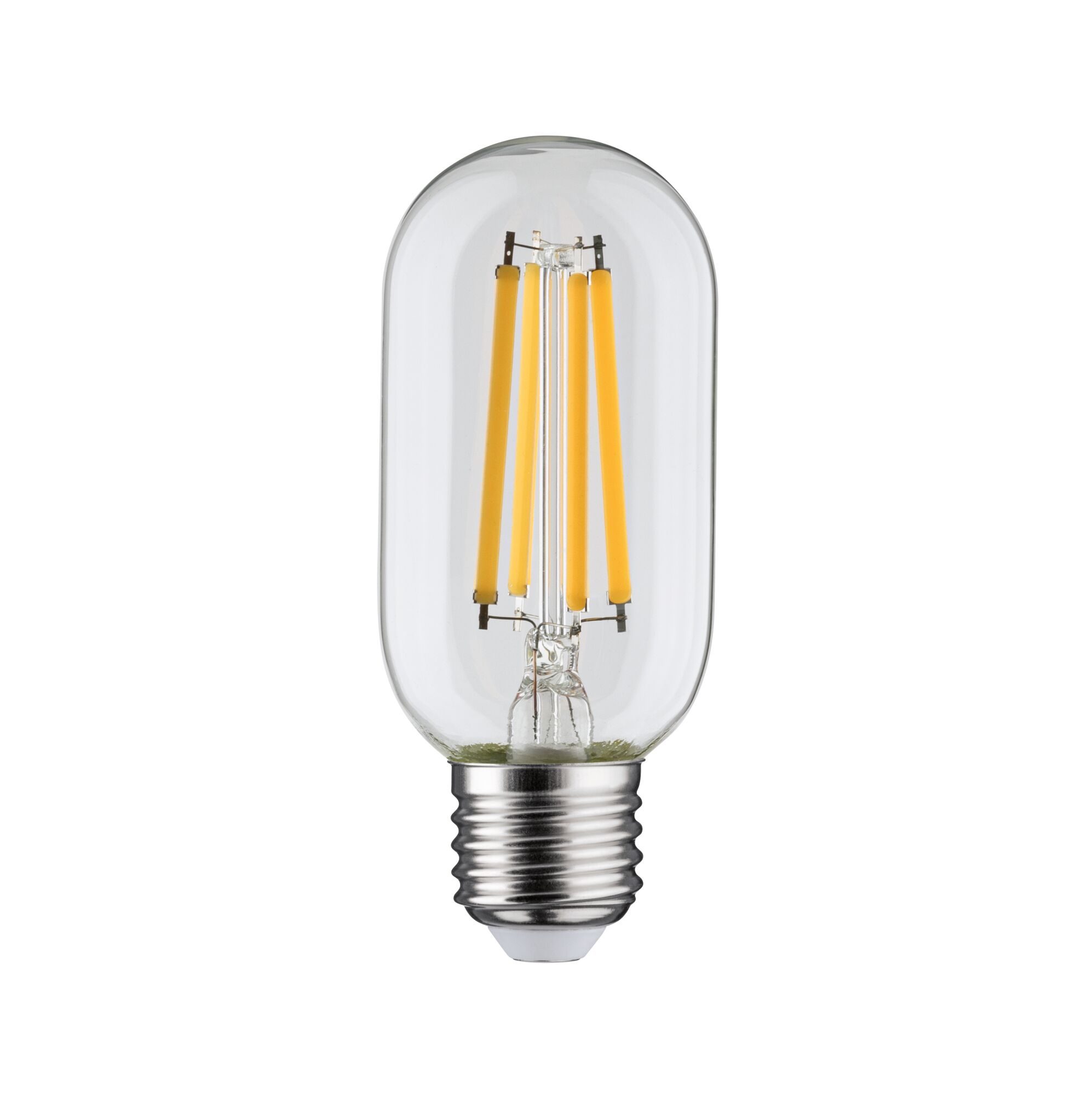 Transparent LED filament bulb with silver base and warm white light for energy-efficient lighting