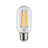 Transparente LED-Filamentlampe mit silbernem Sockel und warmweißem Licht für energiesparende Beleuchtung