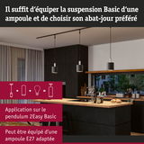 Suspensions noires Basic avec douille E27 au-dessus d’un îlot de cuisine, éclairage LED