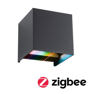 Schwarze LED-Wandleuchte aus Metall mit RGB-Farbwechsel und Zigbee-Funktion für smarte Beleuchtung