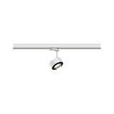 Weißer LED-Spot aus Metall an Schienensystem für flexible Beleuchtung im Innenbereich