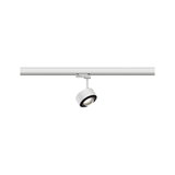 Weißer LED-Spot aus Metall an Schienensystem für flexible Beleuchtung im Innenbereich