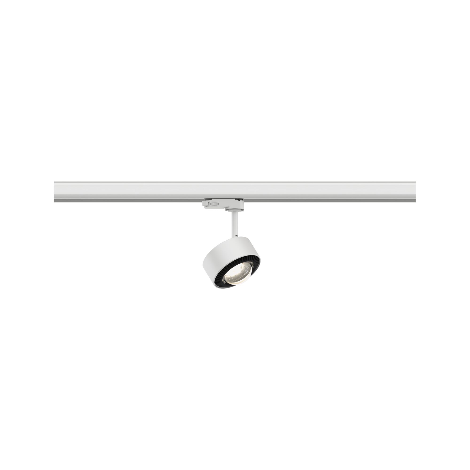 Weißer LED-Strahler aus Metall an Schienensystem für flexible Raumbeleuchtung