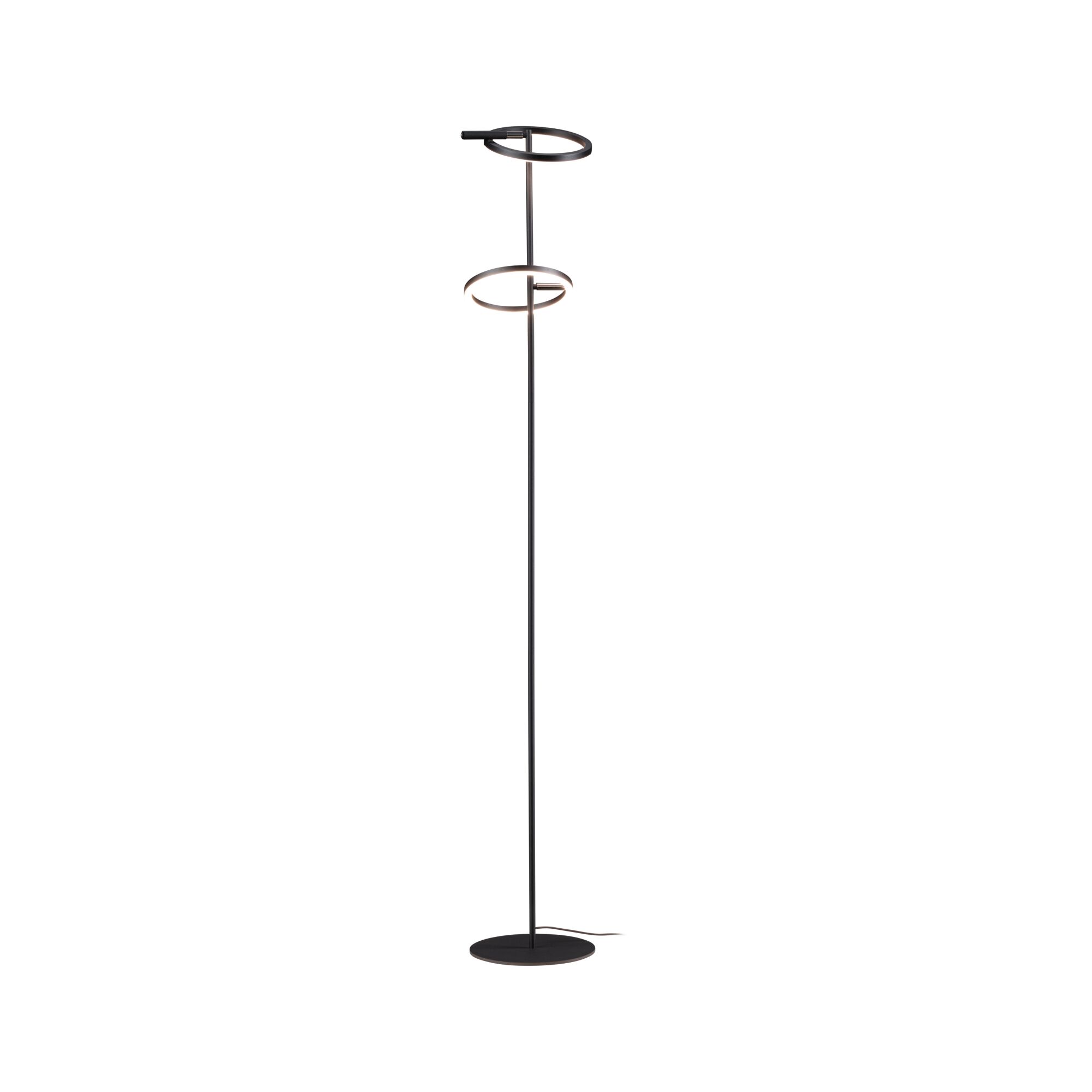 Modern black metal floor lamp with two round LED light rings for stylish living room lighting