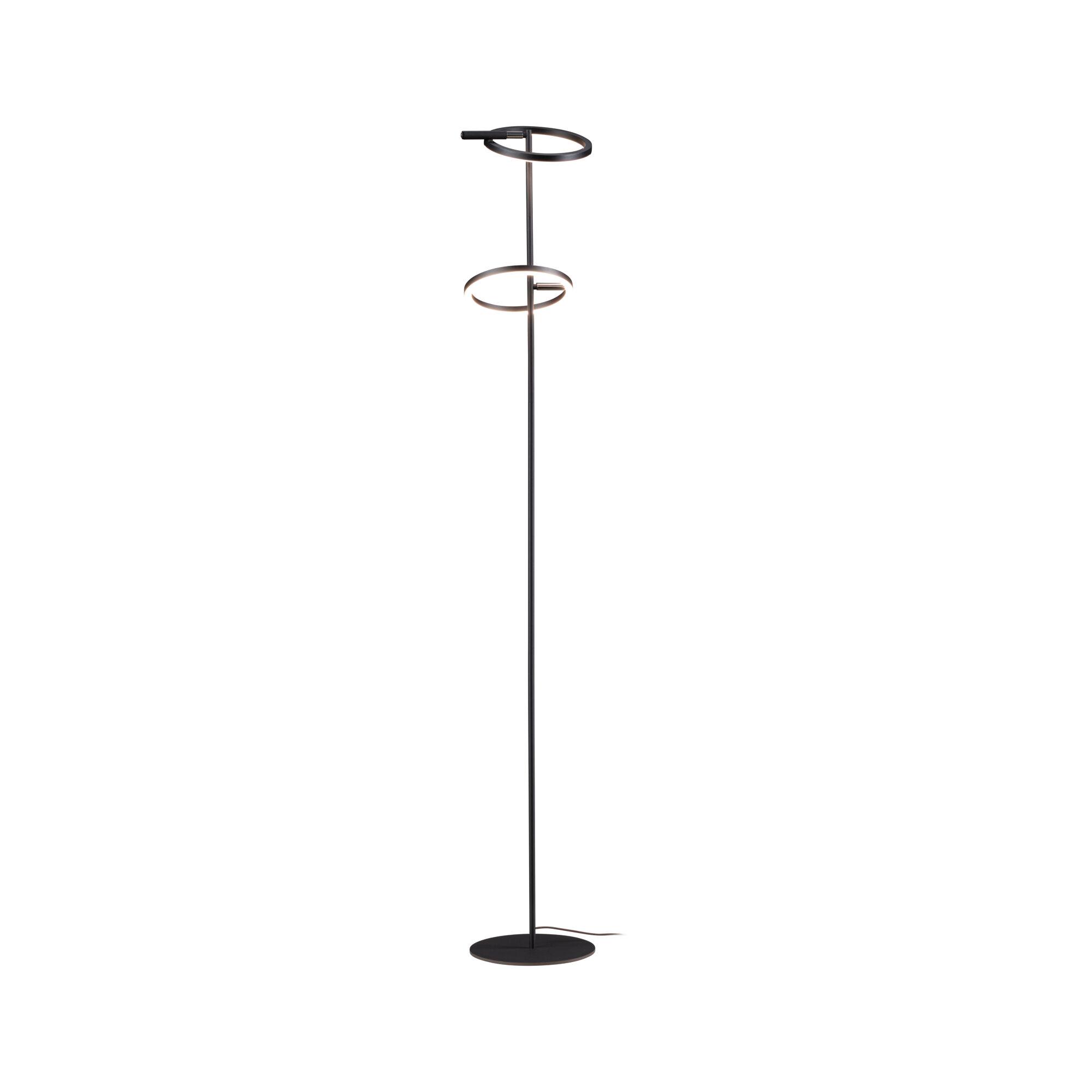 Moderne schwarze Stehleuchte aus Metall mit zwei runden LED-Leuchtringen für Wohnzimmerbeleuchtung