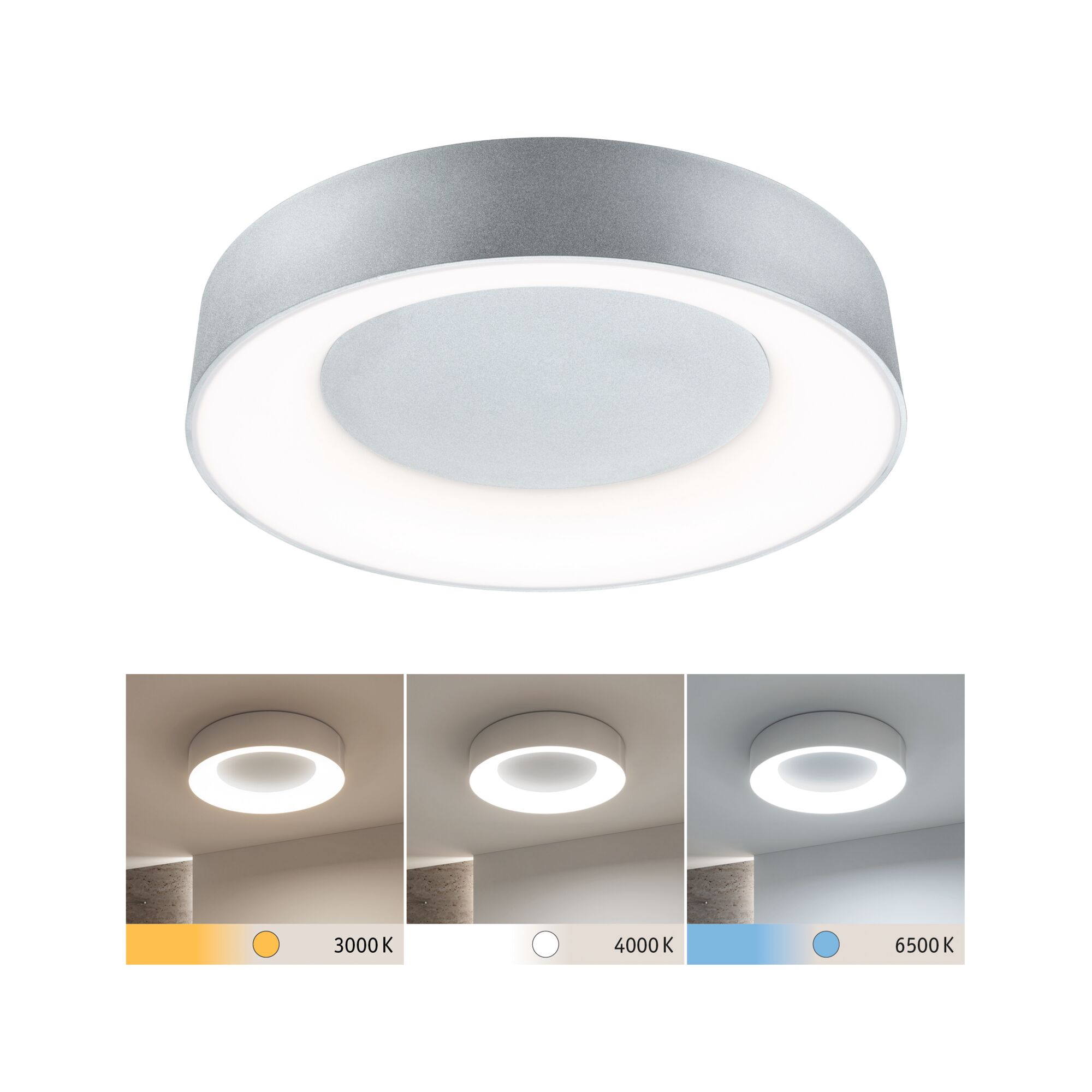 Ronde zilveren LED-plafondlamp met instelbare kleurtemperatuur van 3000 tot 6500 Kelvin.