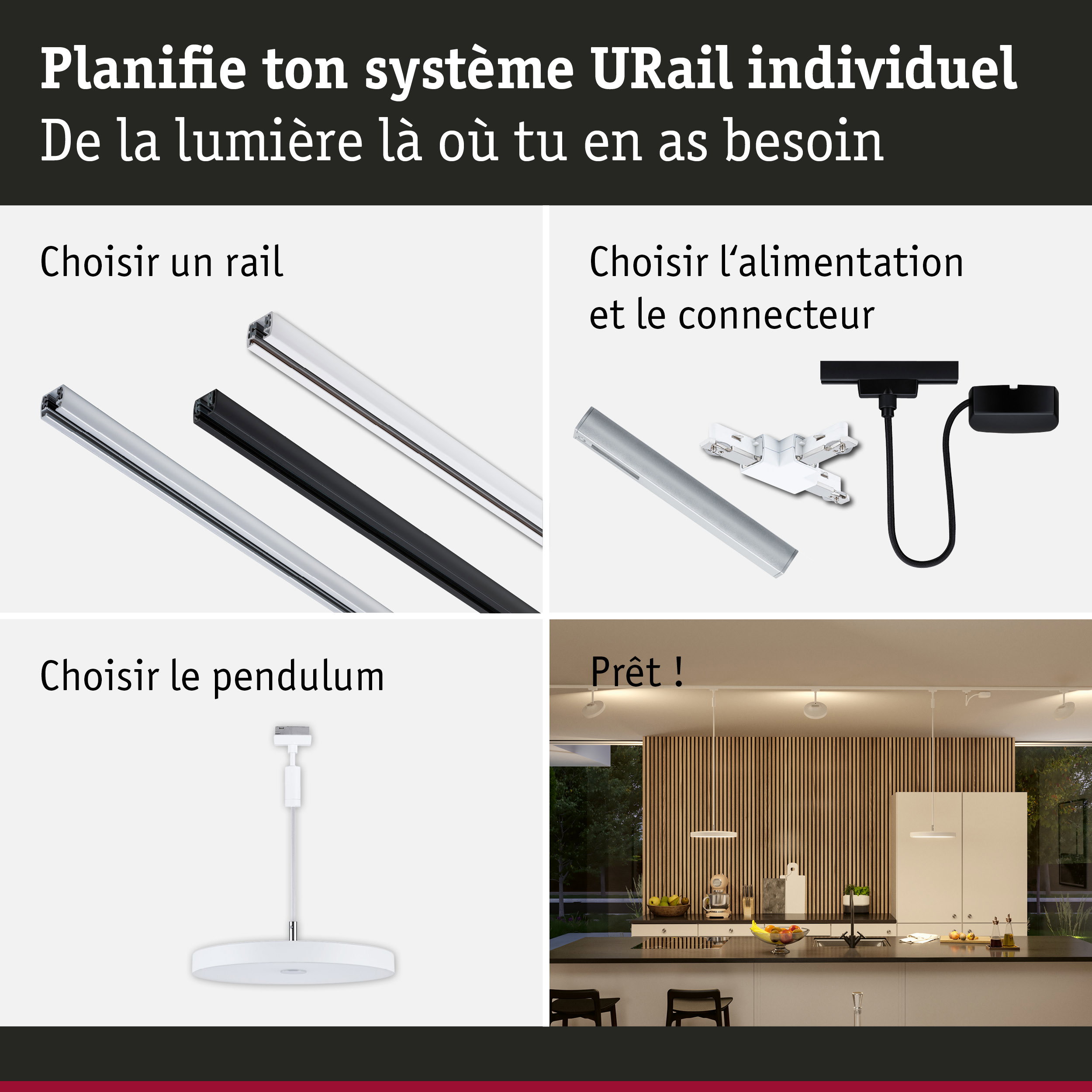Système de rail URail modulaire noir et blanc avec suspension pour éclairage LED flexible