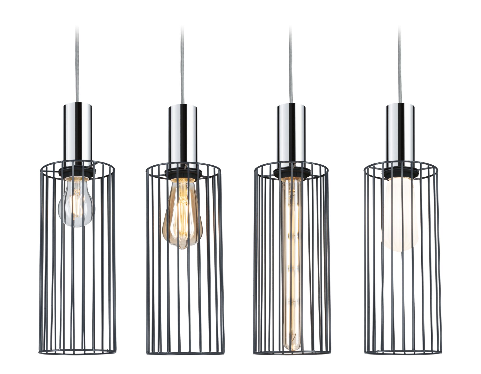 Four hanging pendant lights with black metal cage and chrome cylinder, featuring different bulbs.