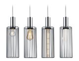 Four hanging pendant lights with black metal cage and chrome cylinder, featuring different bulbs.