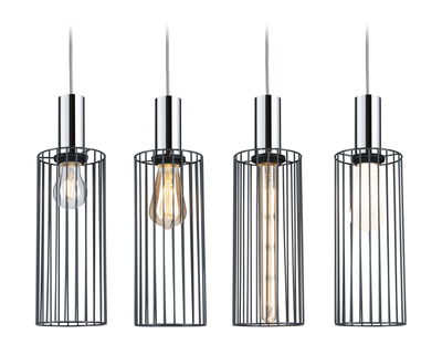 Vier hängende Pendelleuchten mit schwarzem Metallgitter und verchromtem Zylinder, verschiedene Leuchtmittel.