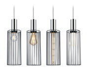 Four hanging pendant lights with black metal cage and chrome cylinder, featuring different bulbs.