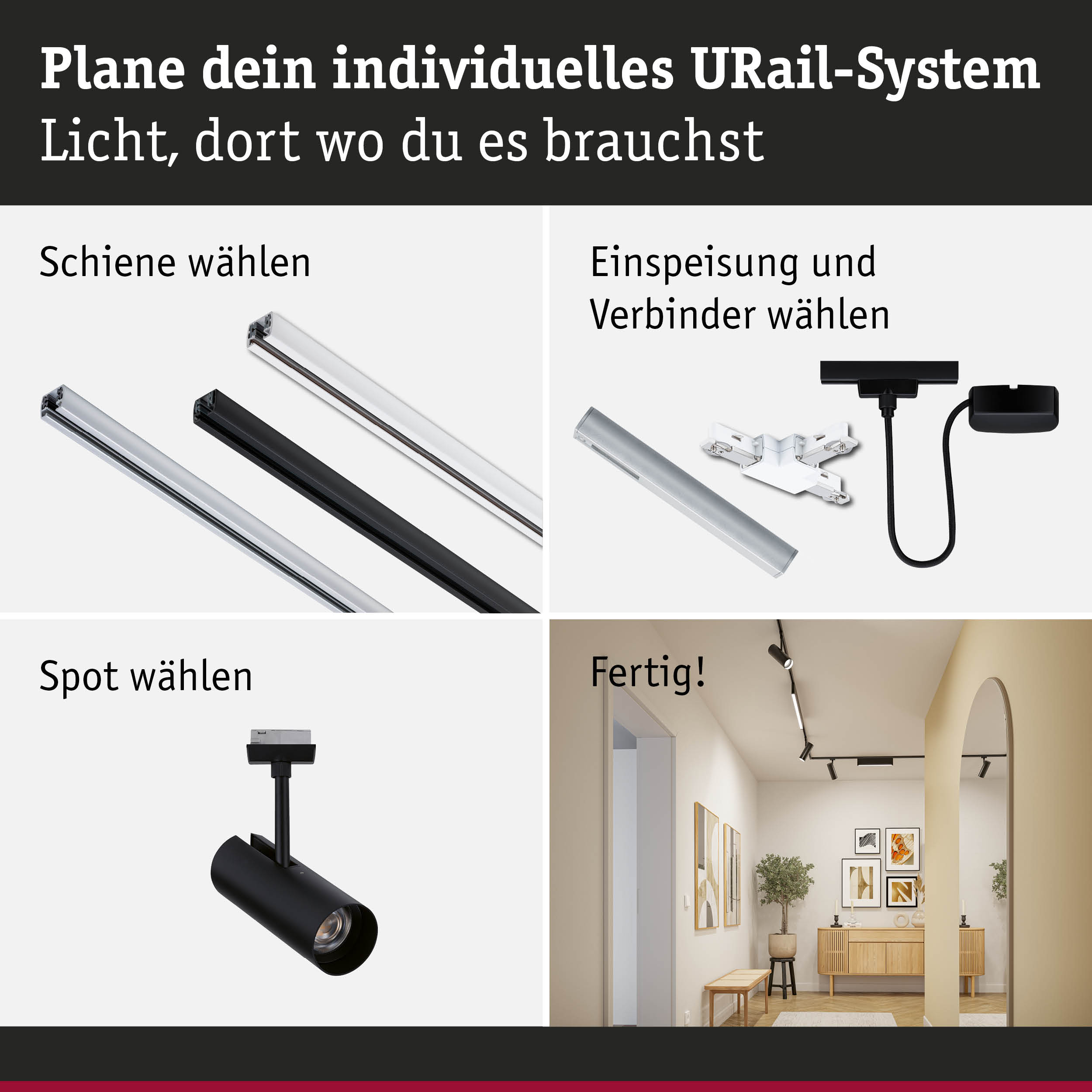 Modulares URail-Schienensystem in Schwarz und Weiß mit Spots und Steckern für individuelle Lichtplanung