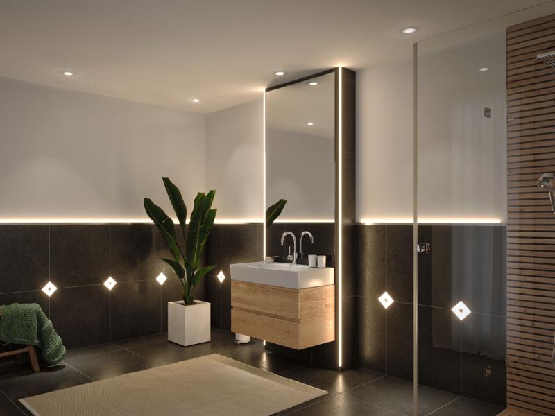 Moderne badkamer met houten wastafelmeubel en warmwitte LED-lichtstrips voor indirecte verlichting.