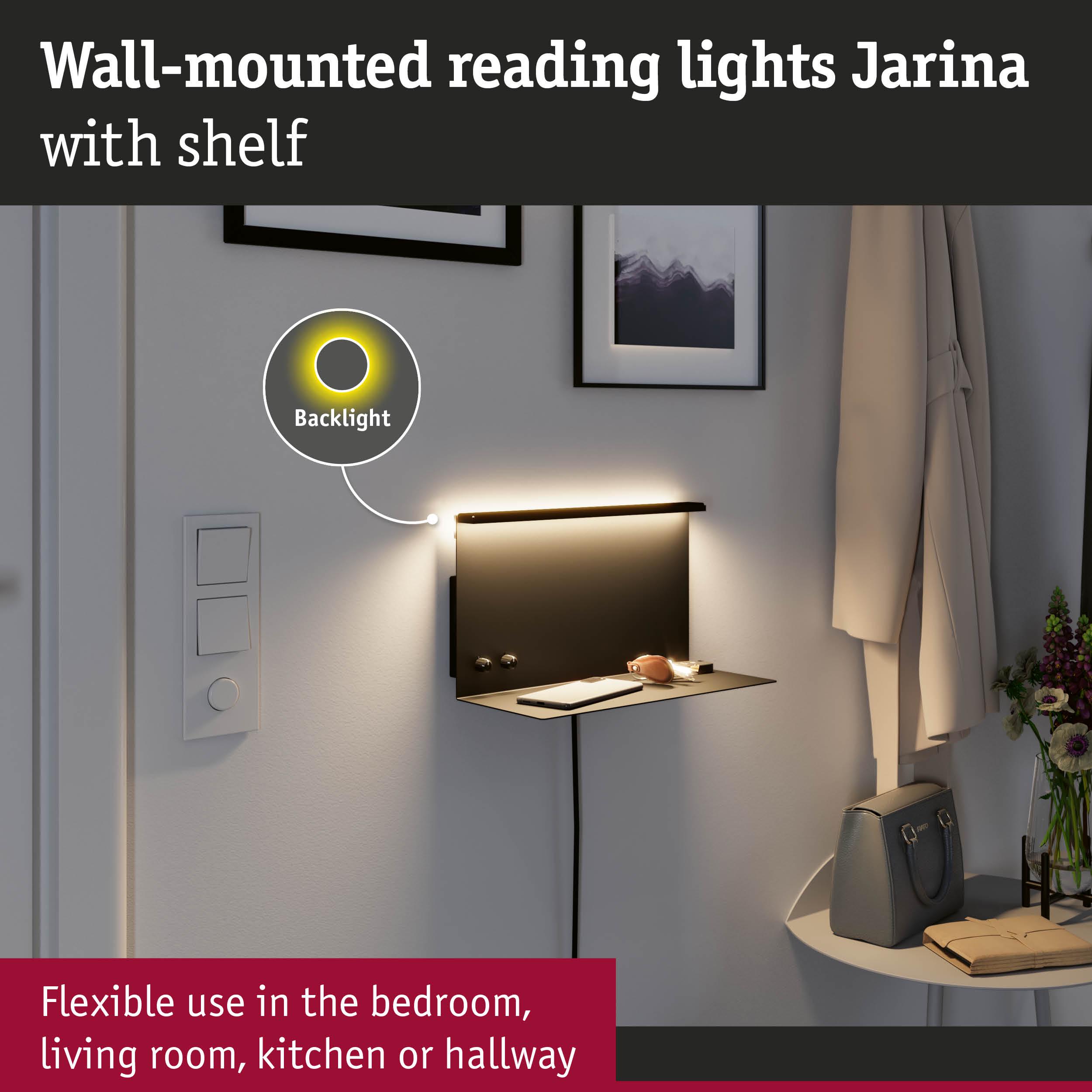 Wall-mounted Jarina reading light in black with shelf and warm white LED backlight for flexible room lighting