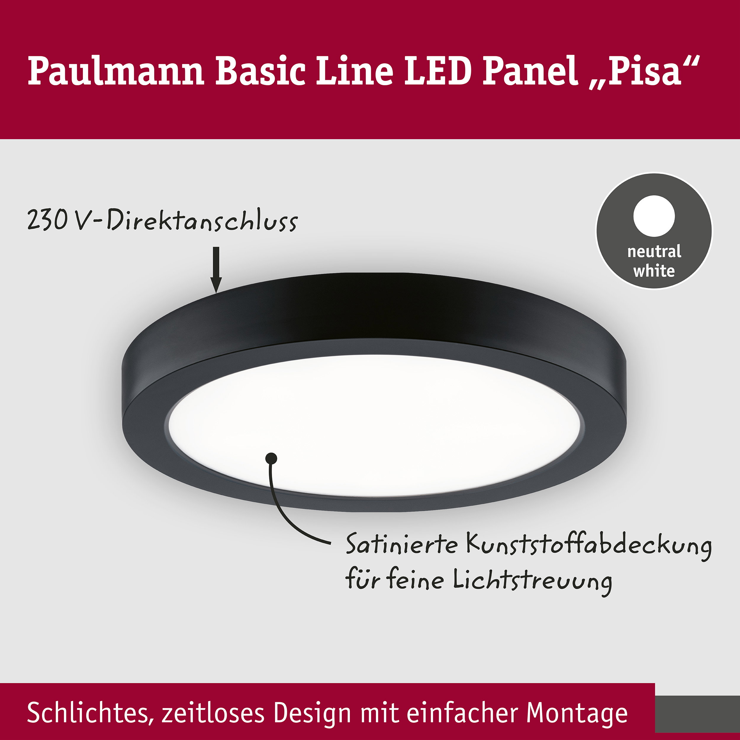 LED Panel Pisa 4000K 290mm 1800lm 17W Schwarz matt