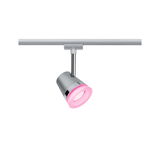 Modern silver metal LED spotlight with pink light accent for track lighting systems