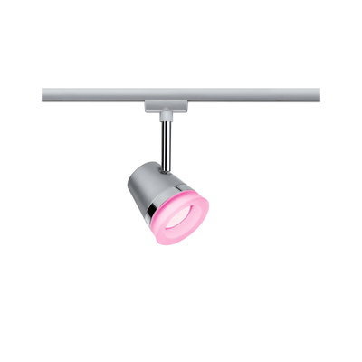 Moderne sølvfarvet metal LED-spot med pink lysaccent til skinnesystembelysning