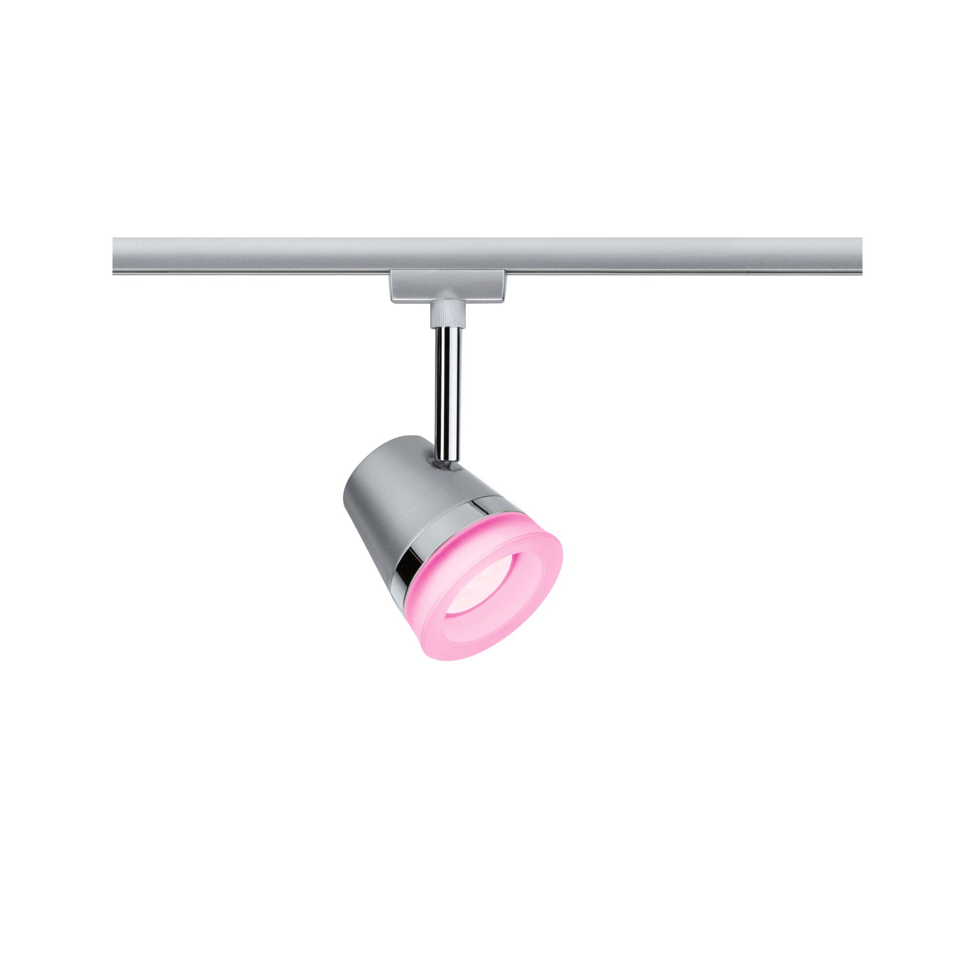 Moderne grå LED-spot med pink lysaccent på sølvskinne til fleksibel rumbelysning