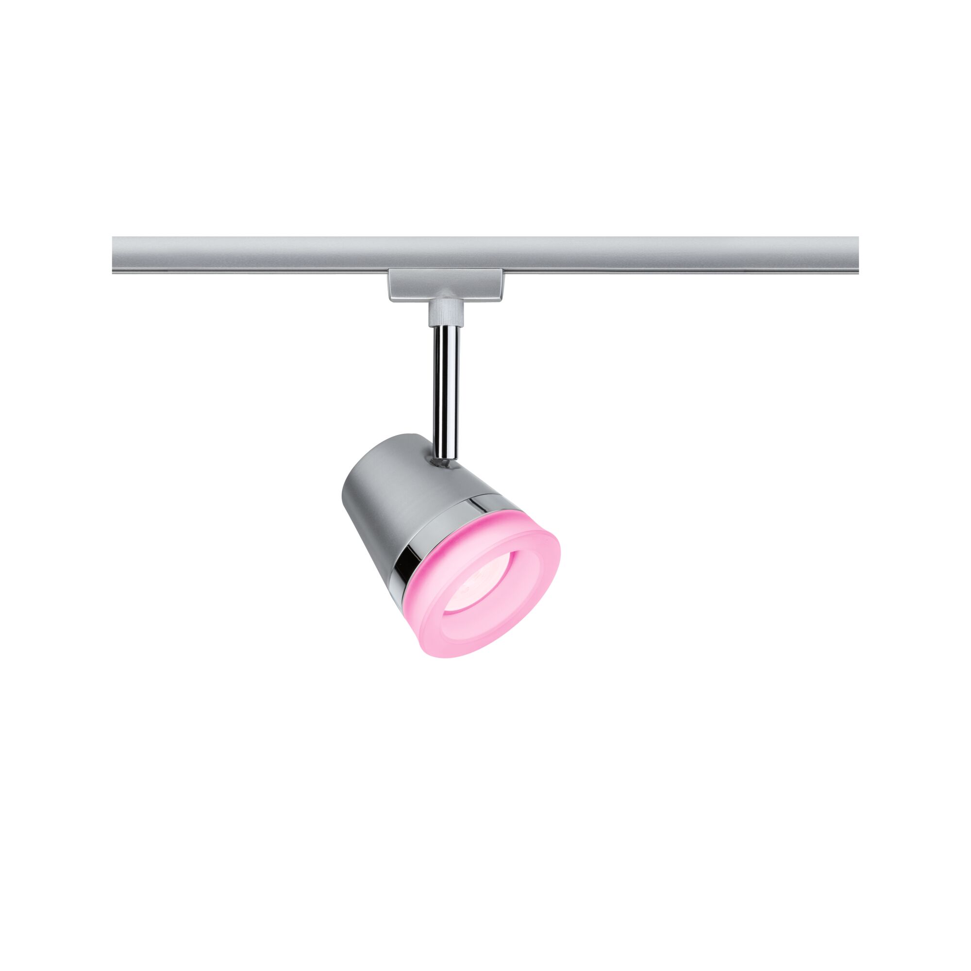 Moderne grijze LED-spot met roze lichtaccent op zilveren rail voor flexibele kamerverlichting