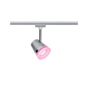 Moderne grijze LED-spot met roze lichtaccent op zilveren rail voor flexibele kamerverlichting