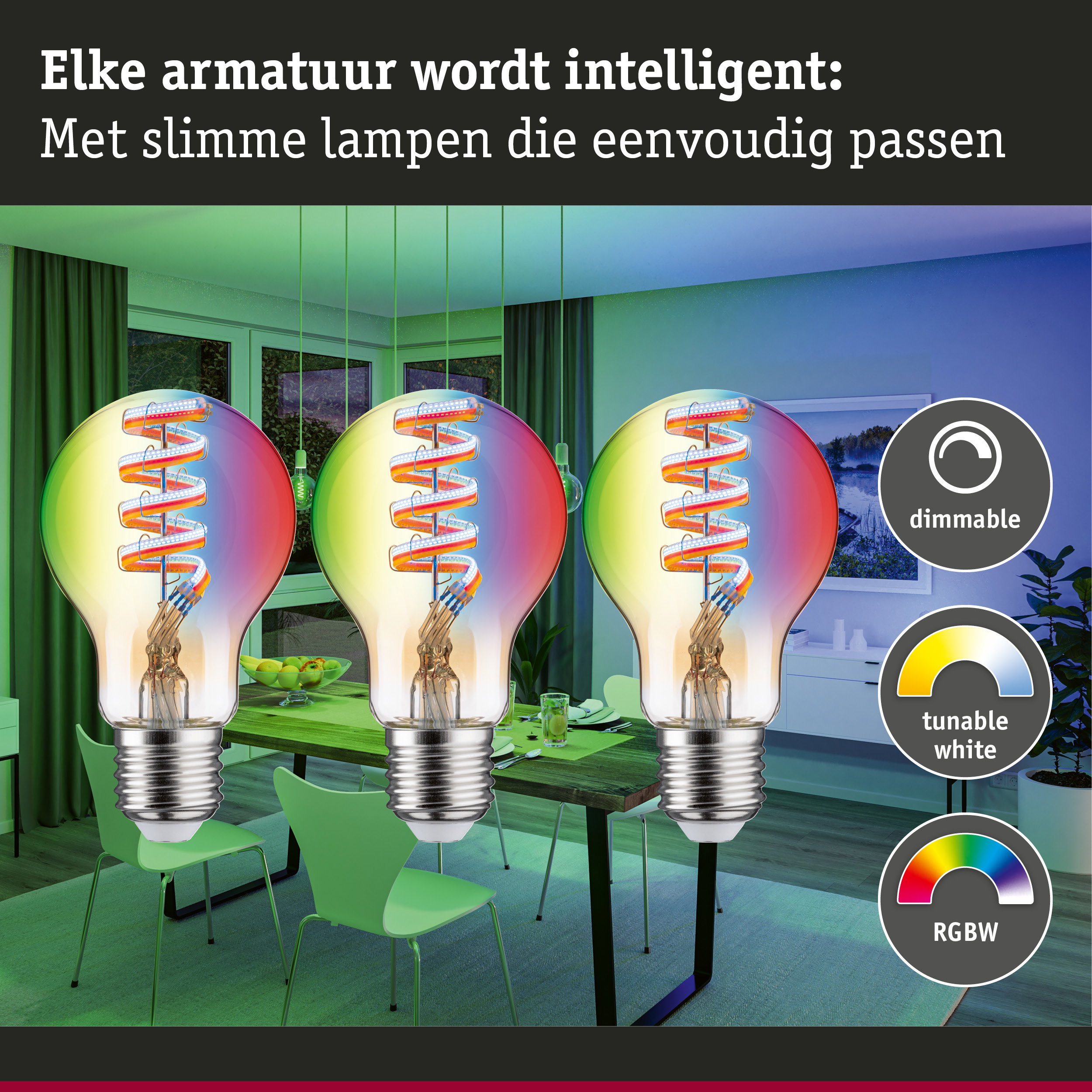 Drie dimbare RGBW LED-lampen met instelbaar wit licht in een moderne woonruimte