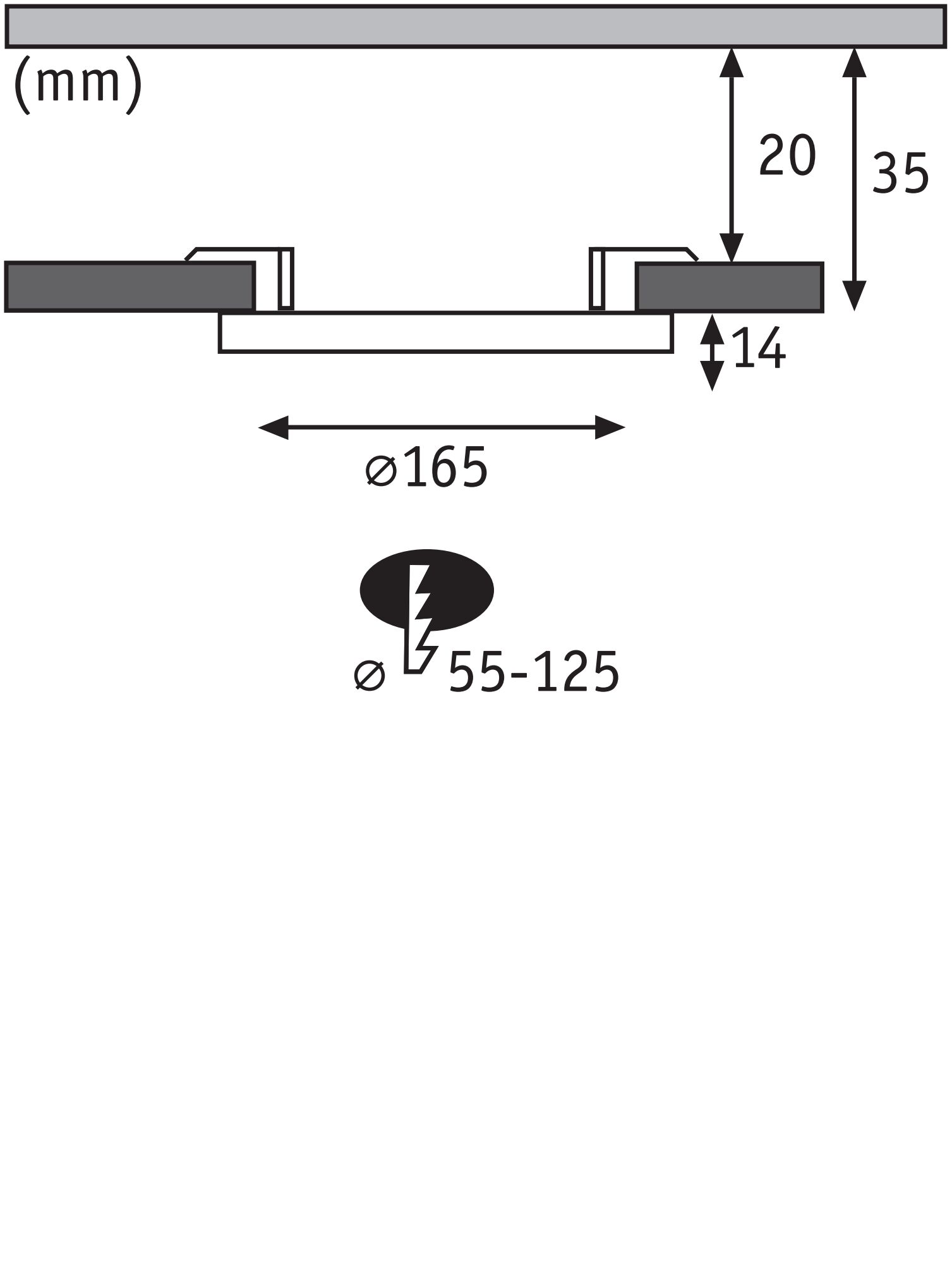 Technische tekening van inbouwspot doorsnede met 165 mm diameter en 35 mm inbouwdiepte