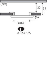Technische tekening van inbouwspot doorsnede met 165 mm diameter en 35 mm inbouwdiepte