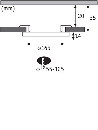 Technische Zeichnung eines Einbaustrahler-Schnitts mit Maßen 165 mm Durchmesser und 35 mm Einbautiefe