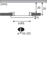 Technische Zeichnung eines Einbaustrahler-Schnitts mit Maßen 165 mm Durchmesser und 35 mm Einbautiefe